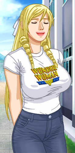 Christine in her tight Wonder-Woman T-shirt and jeans, with one signature braid resting on each breast
