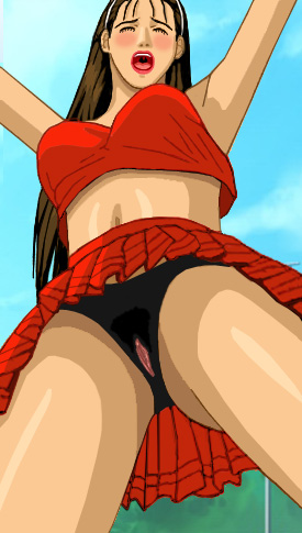 Looking up from ground level at Katherine while she's doing a cheer