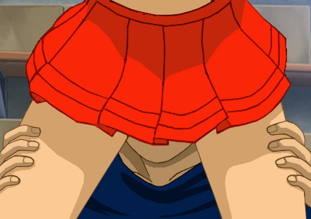 Alan checking under Katherine's skirt to see whether the paint is dry