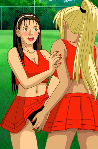 Heather using her hand to check out Katherine's painted-on panties