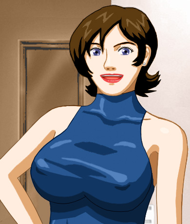 Brenda in a form-hugging top that wraps around her neck