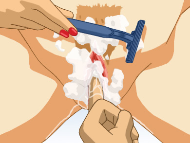 fM: Katherine shaving Amy with her right hand, while Alan fingers Amy's cunt with his left hand