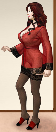 Suzanne in a short maroon dress and matching heels that leaves little to the imagination