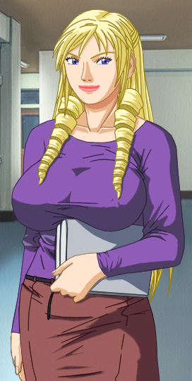 Christine walking down a school corridor while holding books under her left breast