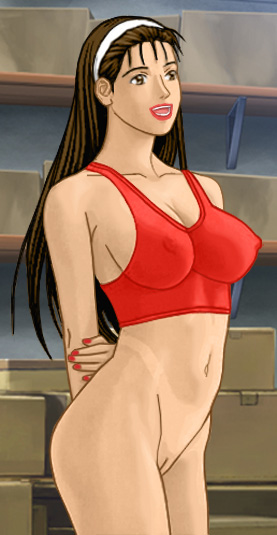 Katherine standing in just a red bandeau bra, arms behind her