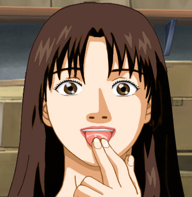 Kim with a wide-open expression and two fingertips held to her tongue, tasting