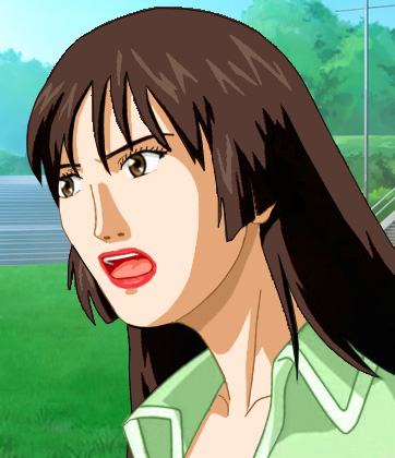 Kim outdoors on a sports field in a lime green outfit, looking angry