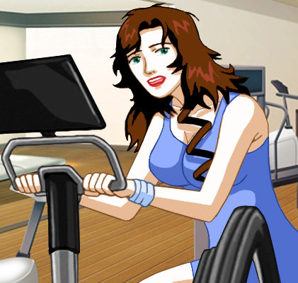 Suzanne in her spandex workout outfit, exercising on what is probably an elliptic trainer