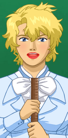 Glory holding a ruler vertically, stroking it with both hands