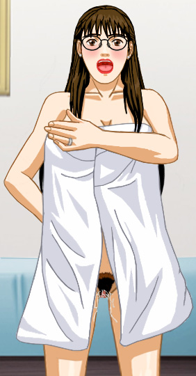 Susan standing, wrapped in a towel that has a big gap in front, showing her pussy