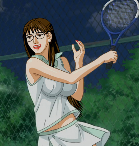 Susan in a white blouse and skirt, playing tennis
