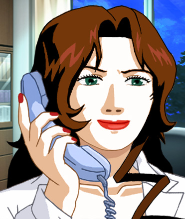 Suzanne in a tailored blouse, talking on the phone