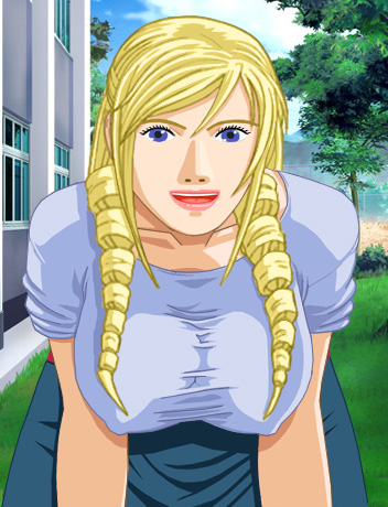 Christine leaning forward toward the viewer, plump hooters dangling with nipples outlined by her shirt