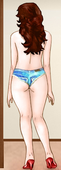 Suzanne standing in her ragged short cutoff shorts and high heels, seen from the rear
