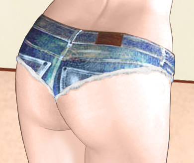 Suzanne's very short, ragged cutoff shorts, seen from behind, showing her ass cheeks