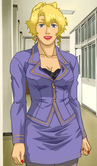 Glory in hose, skirt and suit jacket, with a frilly bra showing above where the jacket is buttoned