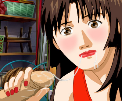 M: Kim holding Alan's prick, with a string of cum linking it to her mouth, while other cum is dribbling down her face