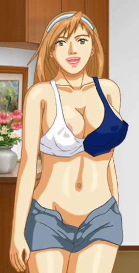 Amy in a bi-color bikini top, dark on the left and white on the right, loose enough to show her nipples, and unbuttoned short shorts