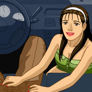 Katherine on the passenger side of a car, crouched down in the footwell, looking at Alan and fondling his hard-on through his pants