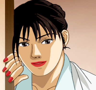 Akami in her white medical uniform, standing in a doorway, looking in