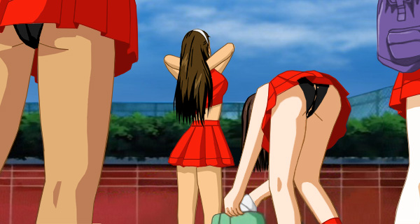 Kim in her cheerleader outfit, bending over so that her painted-on panties, which are flaking off, are visible to another cheerleader