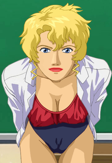 Glory bent forward, wearing a low-cut top and bathing suit bottoms under her open shirt