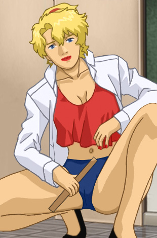 Glory squatting in her previous outfit, holding a ruler