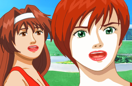 Janice looking towards the viewer, with Joy standing behind her doing the same