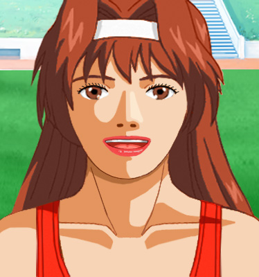 Full-face view of Joy in her red cheerleader outfit