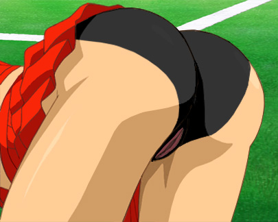 Katherine bent over, cheerleader skirt hiked up to her waist, showing her painted butt and labia