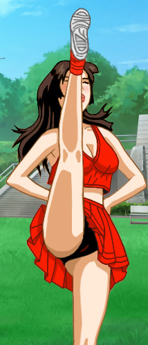 Kim cheerleading, doing a high kick