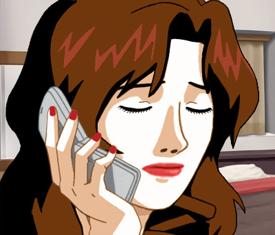 Suzanne holding a flip phone to her right ear