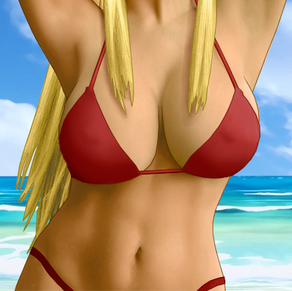 p: Heather in a dark red bikini with arms raised overhead, showing her only from navel to neck