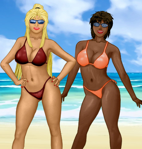 Heather in her dark-colored bikini standing next to Simone in her light-colored one, both wearing reflective sunglasses and looking extremely hot