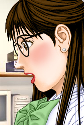 Susan in a frilly blouse, in a close-up emphasizing her glasses and small pearl earrings