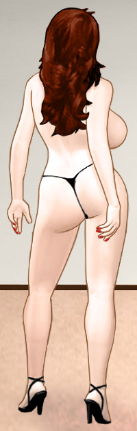 Suzanne, standing while wearing only a thong, seen from behind