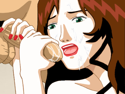 B: Suzanne using both hands to hold Alan's prick before her face while wearing only a thong