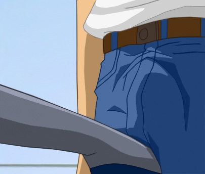 M: Suzanne's high-heel-shod foot toeing Alan's prick through his pants