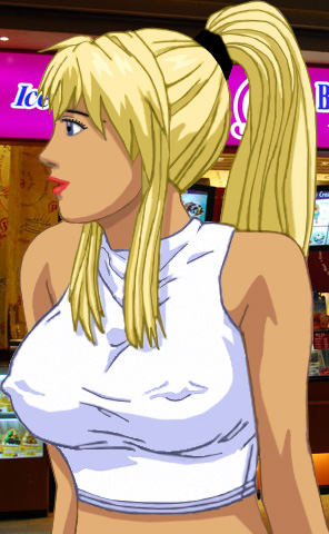 Blond Heather with her ponytail and her big boobs sticking out, obviously braless with her nipples showing