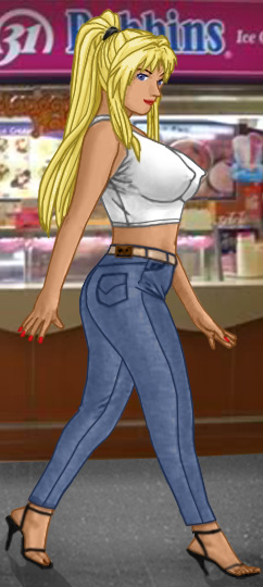 Heather strutting across the ice cream parlor floor in four-inch heels