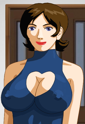 Brenda in a very tight-fitting dress with her huge jugs jutting forth