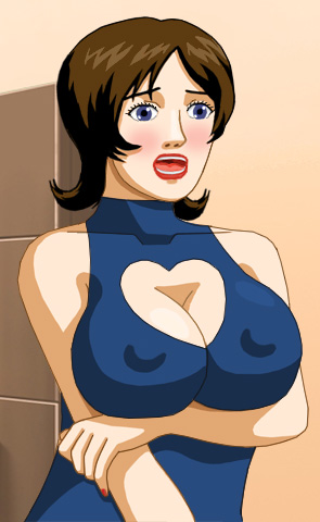 Brenda in a dark blue sleeveless dress with a heart-shaped cutout over her cleavage, with her right arm folded under her bust