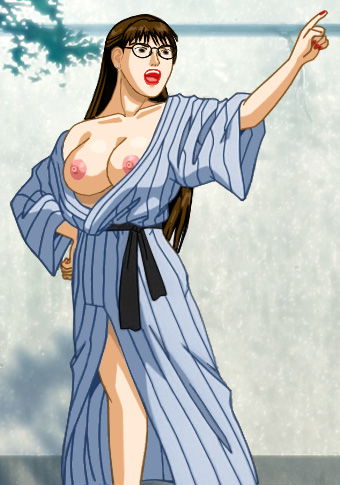 Susan in a robe, tied at the waist with a sash but falling open around her tits, with arm out in anger yelling at Suzanne