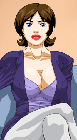 Brenda sitting on a blue sofa in a blouse and jacket, with crossed knees clad in gray hose