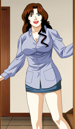 Suzanne in the doorway in a gray long-sleeved blouse with pockets and a very short skirt