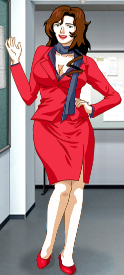 Suzanne in a red suit and hells, with a whiteboard in the background