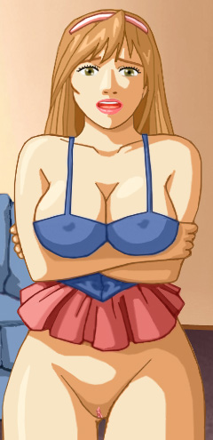 Amy in a low halter top and skirt rucked up about her waist, pantyless, with arms folded under her rack, looking sad