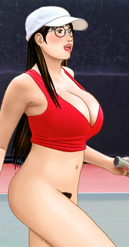 p: Susan playing tennis skirtless in just a red sports bra