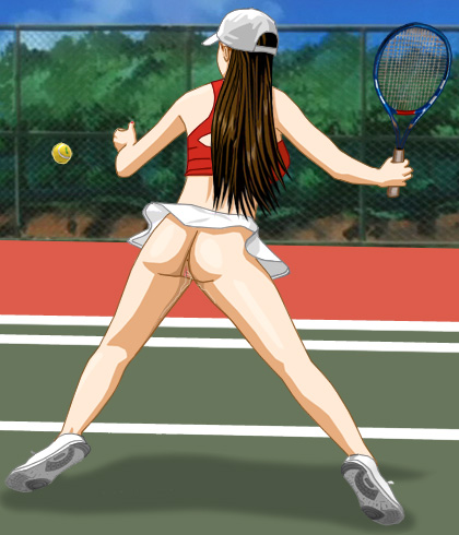 Rear view of Susan playing tennis in a sports bra and extremently short white miniskirt