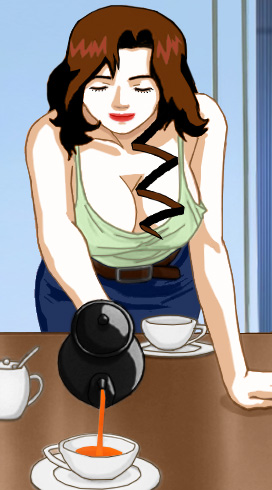 Suzanne in a skirt and blouse that shows her deep cleavage, leaning over the table, pouring tea